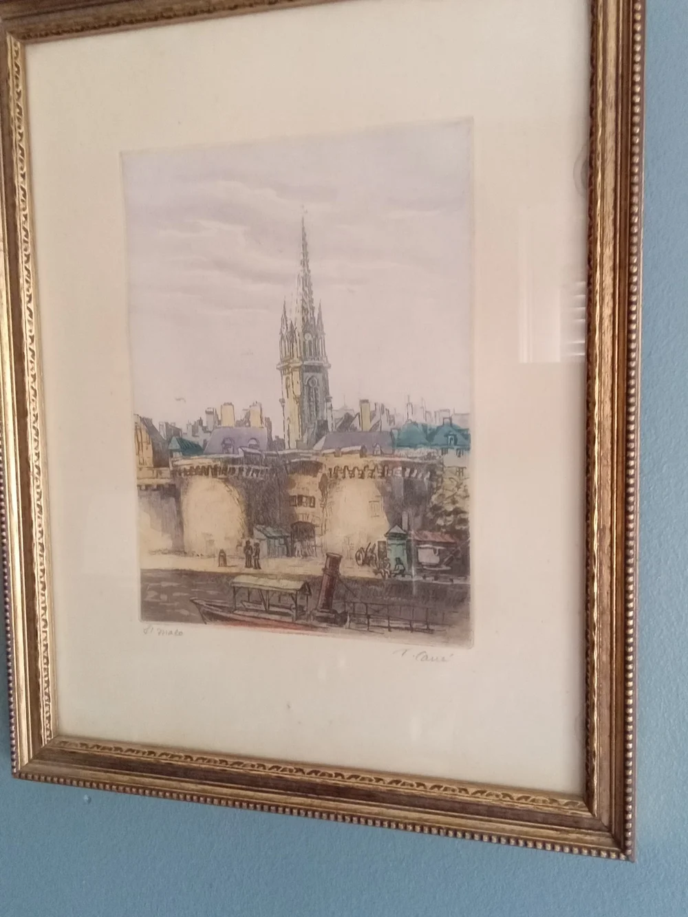 V. Carre St Malo Signed Etching Hand Colored Framed Vintage French Cityscape Art